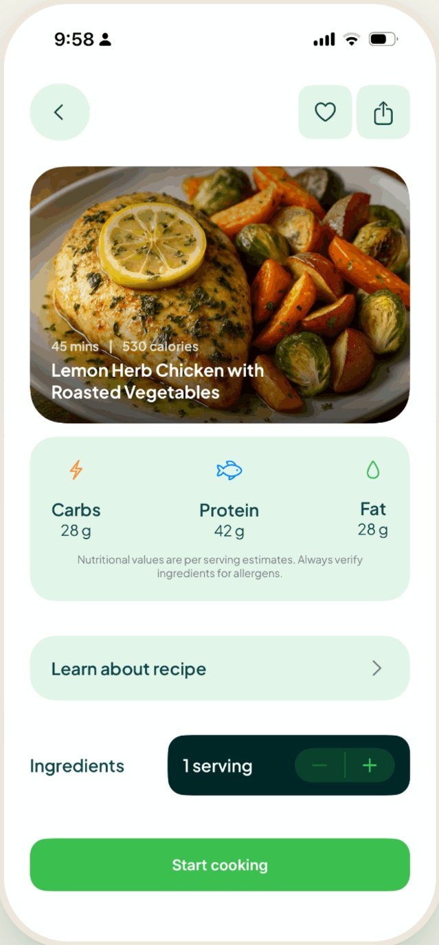 iEatz recipe detail: lemon herb chicken with carbs, protein and fat per serving, and a start cooking button
