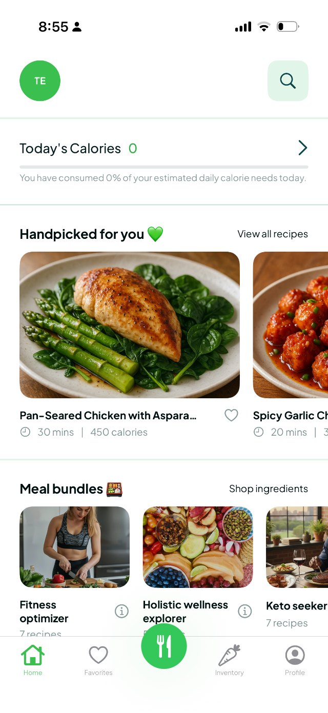 iEatz home screen — today's calories and a feed of meals handpicked for you