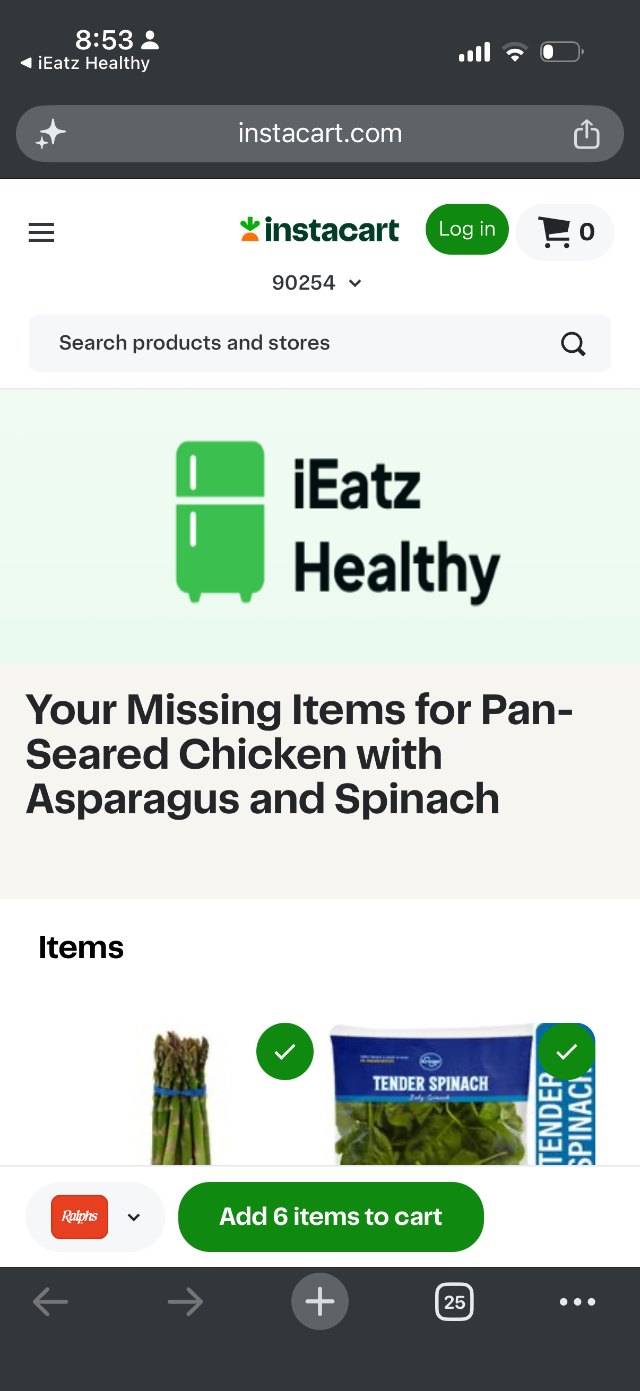 Instacart screen — your missing items for the recipe, ready to add to cart
