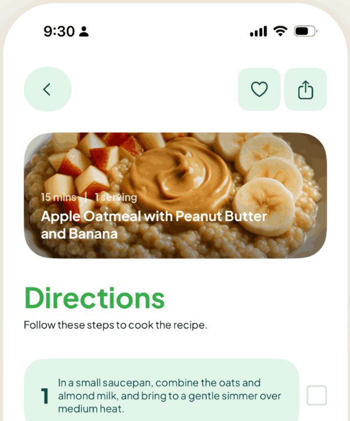 iEatz directions screen: numbered cooking steps with checkboxes