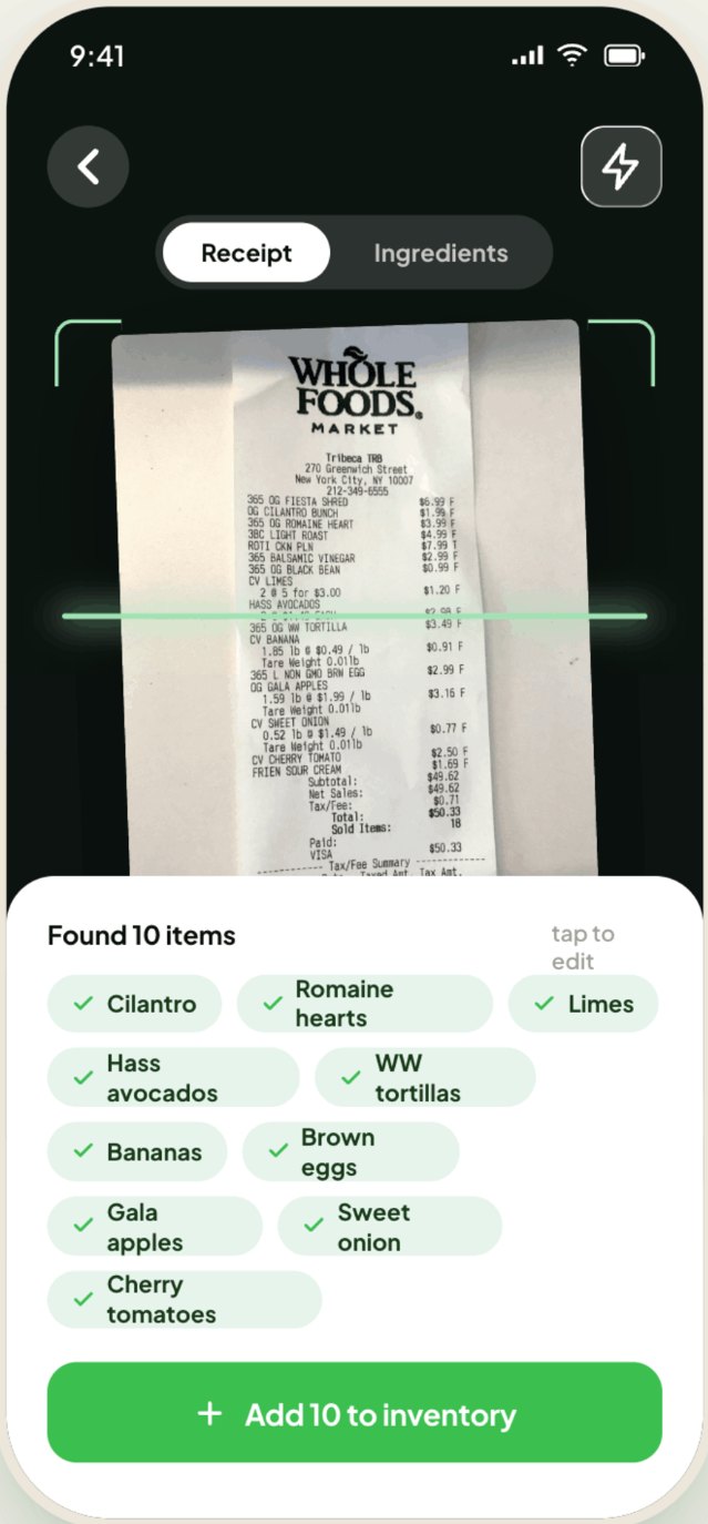 iEatz receipt scanner: a grocery receipt in the camera view with ten items found and ready to add to the kitchen