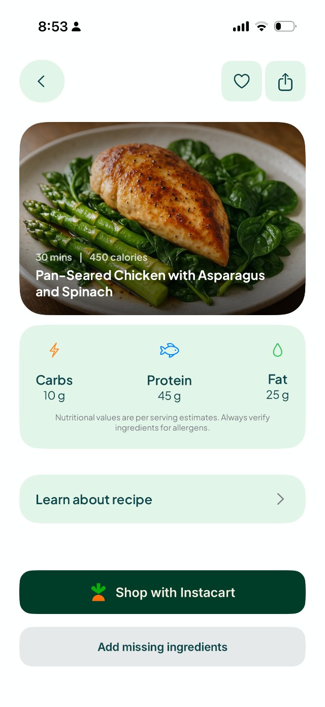 iEatz recipe screen — Pan-Seared Chicken with Asparagus and Spinach, with carbs, protein and fat per serving