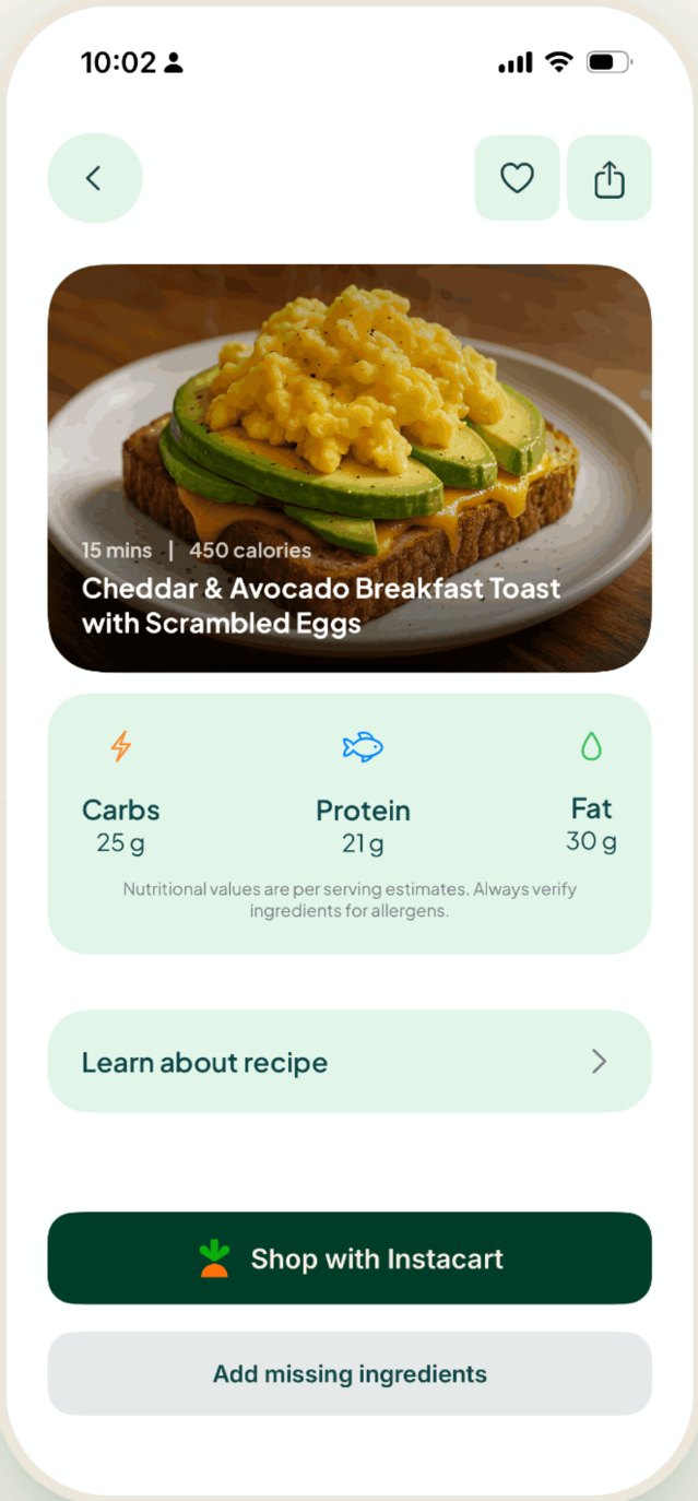 iEatz recipe detail with a Shop with Instacart hand-off button and add missing ingredients beneath it